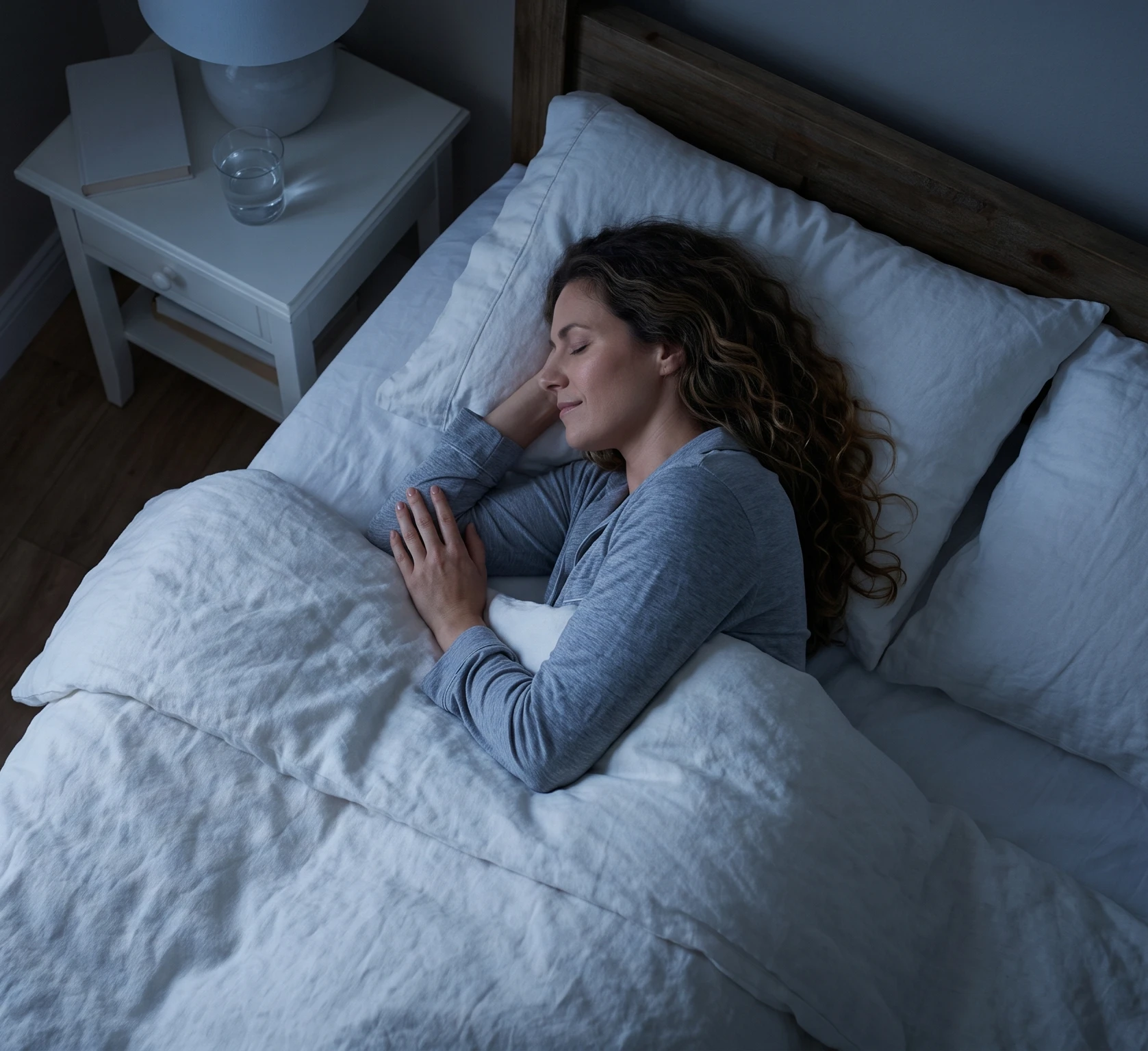 Mulher dormindo tranquilamente em uma cama confortável